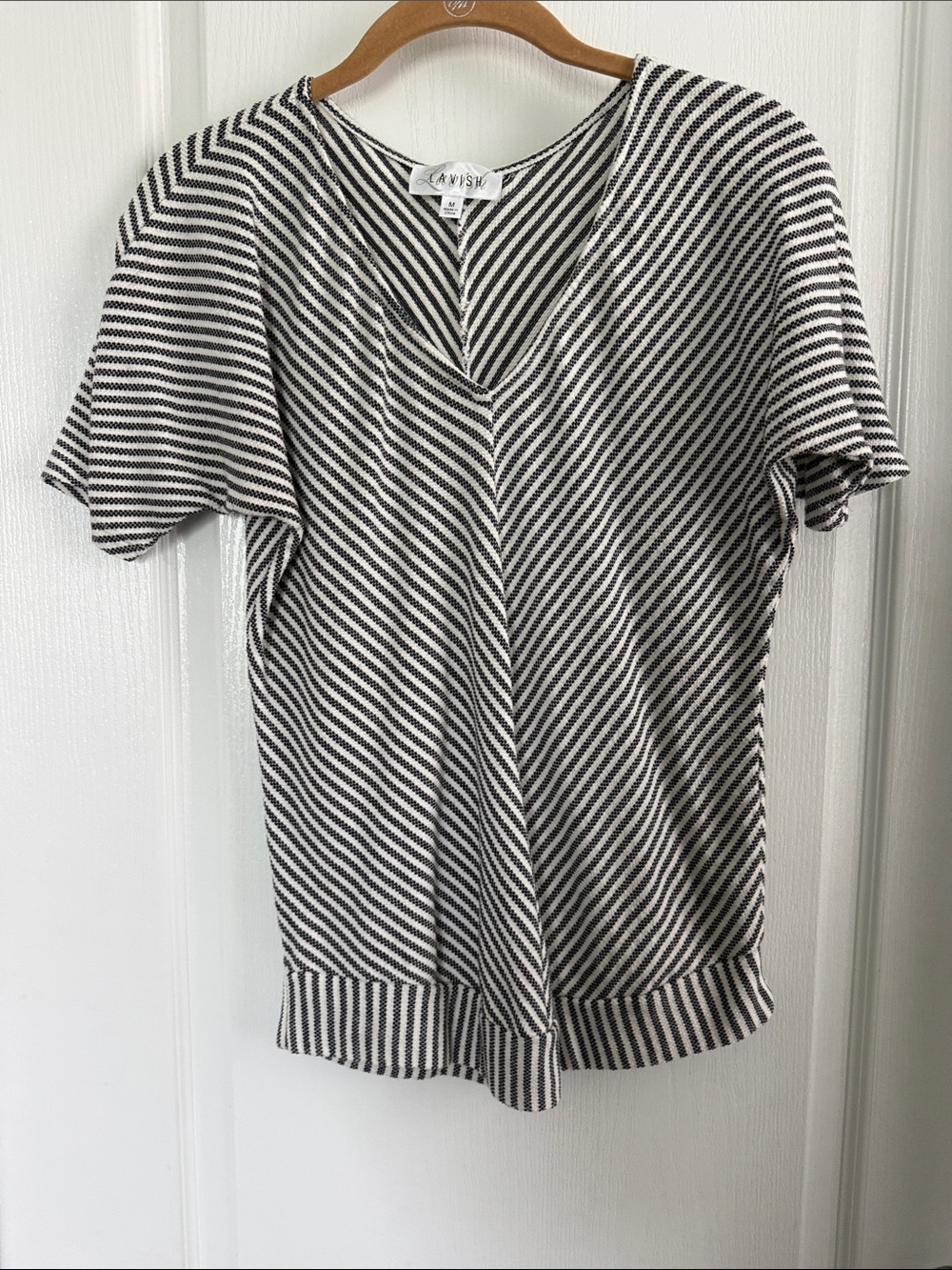 Lavish Black and White Diagonal Stripe Short Sleeve Top